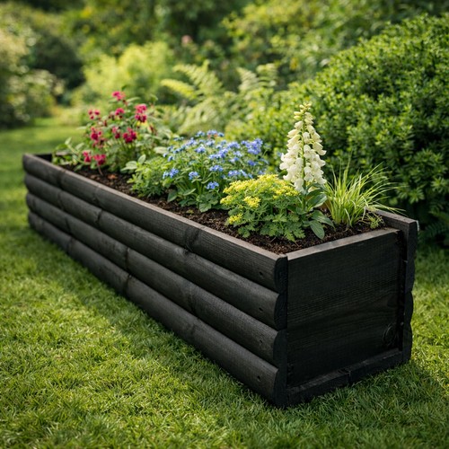 Long wooden trough planter - trough,
